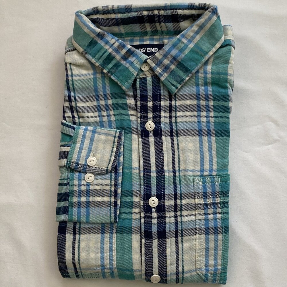 Lands' End Flagship Flannel shirt in green, blue, white plaid (NEW)